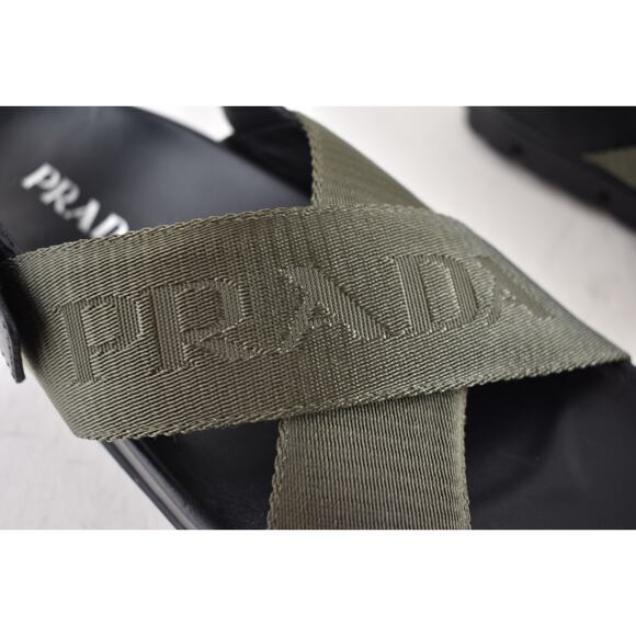Prada Montana Nastro Criss Cross Strap Buckle Green Black Logo Flat Sandal 35.5 - Picture 6 of 16